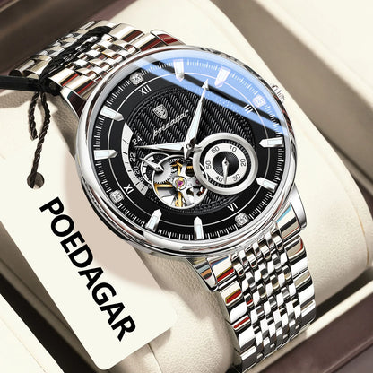 POEDAGAR Top Luxury Man Wristwatch Luminous Hollow Tourbillon Stainless Steel Men Clock Mechanical Automatic Men's Watches Reloj