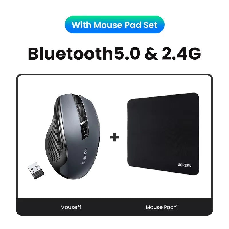 Bezdrátová myš UGREEN Bluetooth 5.0, ergonomická myš 4000 DPI se 6 tichými tlačítky pro MacBook, tablet, notebooky, počítač PC, 2.4G myš