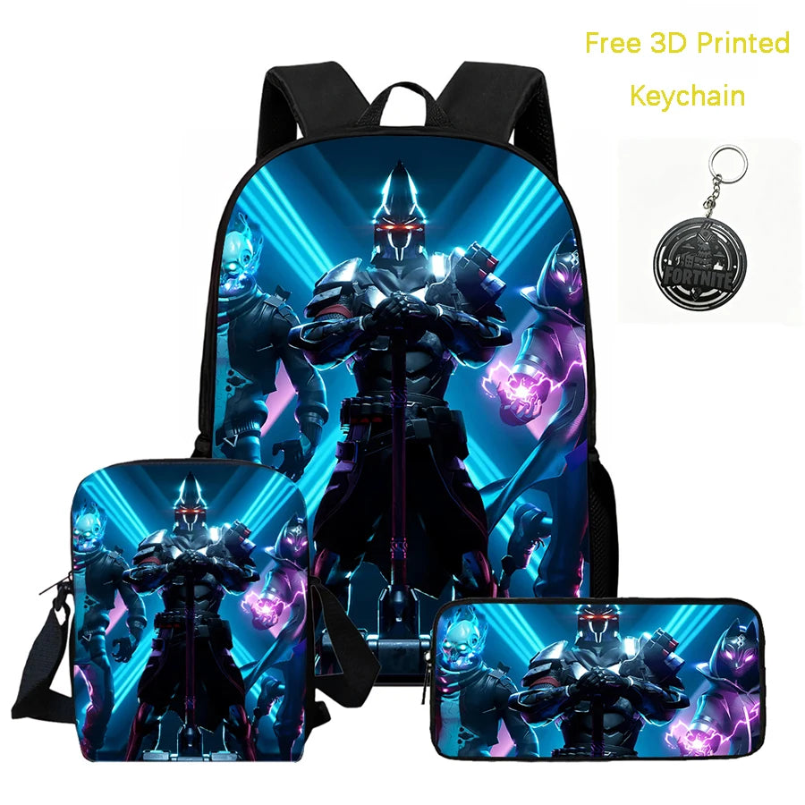 Conjunto de mochila infantil 3 peças, mala a tiracolo e estojo, mala FORTNITE com desenhos, leve para meninos e meninas dos 5 aos 10 anos, porta-chaves 3D impresso grátis
