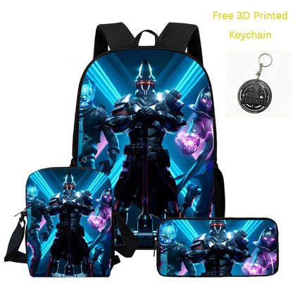 Conjunto de mochila infantil 3 peças, mala a tiracolo e estojo, mala FORTNITE com desenhos, leve para meninos e meninas dos 5 aos 10 anos, porta-chaves 3D impresso grátis