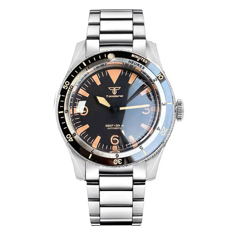 Tandorio NH35A PT5000 Mechanical Mens Watch 20BAR Waterproof Sapphire Luminous Red Black Dial Stainless Steel Bracelet New Clock