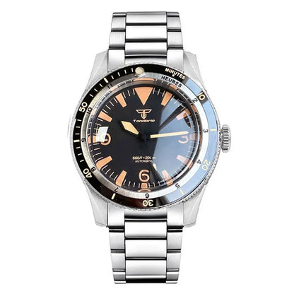 Tandorio NH35A PT5000 Mechanical Mens Watch 20BAR Waterproof Sapphire Luminous Red Black Dial Stainless Steel Bracelet New Clock