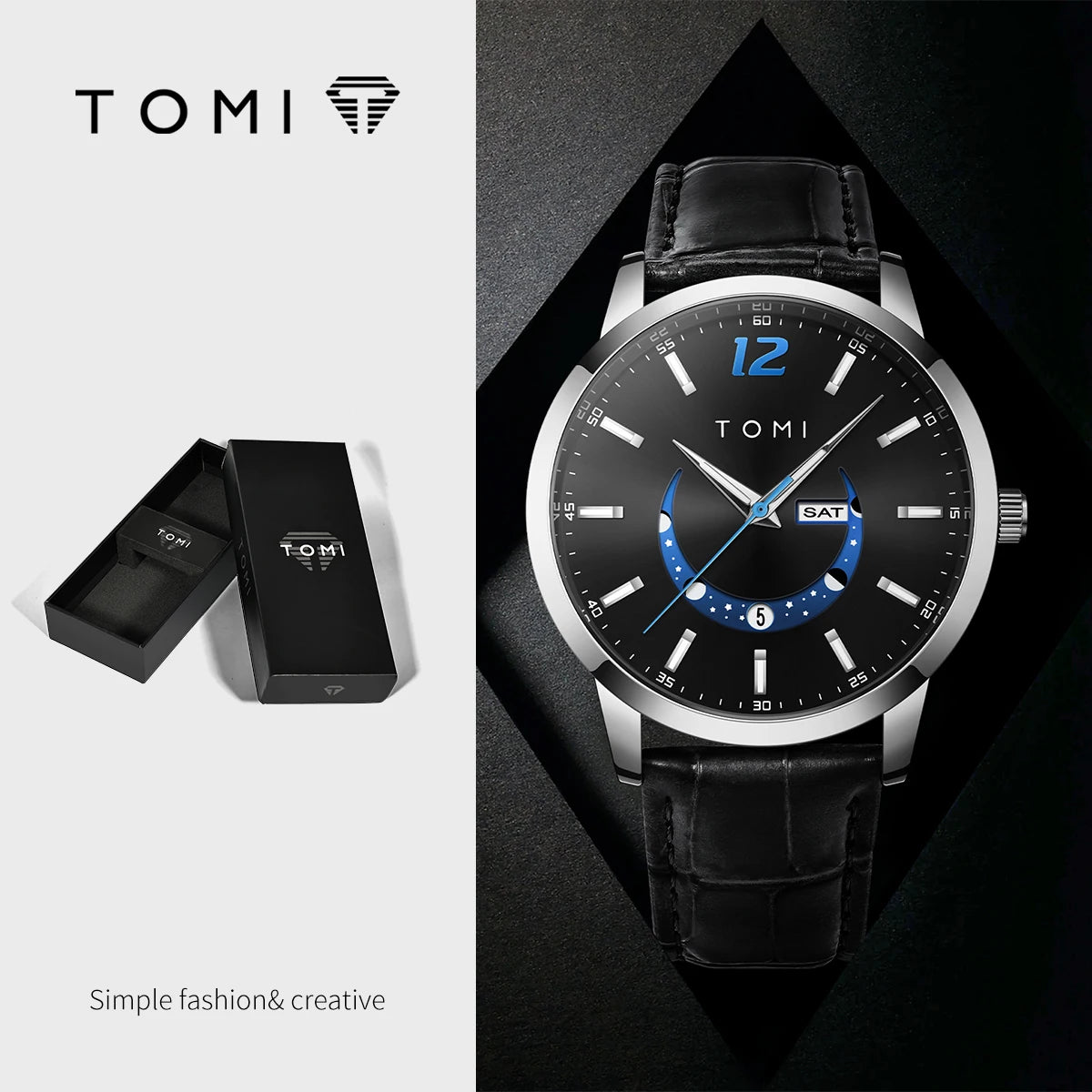 Ceas cu cuarț TOMI, stil business și elegant, cu brățară din piele, carcasă din aliaj și cadran cu ace – Design de înaltă calitate, idee de cadou pentru bărbați