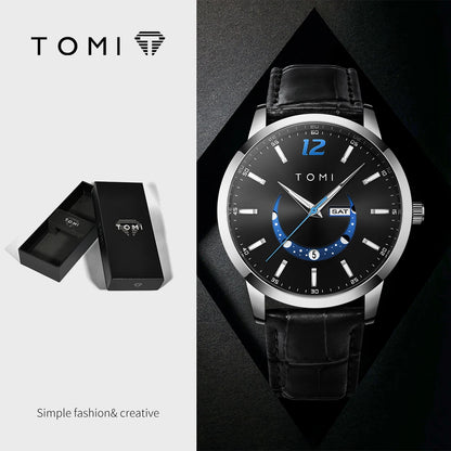 Ceas cu cuarț TOMI, stil business și elegant, cu brățară din piele, carcasă din aliaj și cadran cu ace – Design de înaltă calitate, idee de cadou pentru bărbați