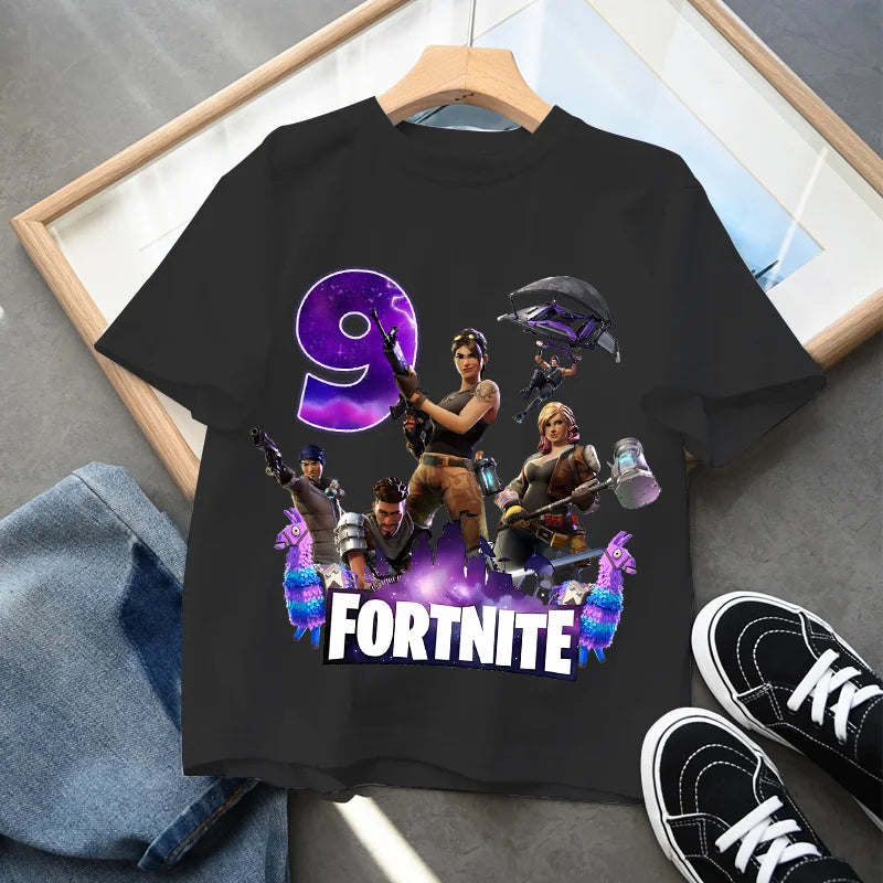 Fortnite Kindergeburtstag Zahlen-T-Shirt für Mädchen und Jungen, Sommerkleidung, Baby-Baumwoll-T-Shirt, Party-Kurzarm-Oberteil, Geschenk für Kleinkinder