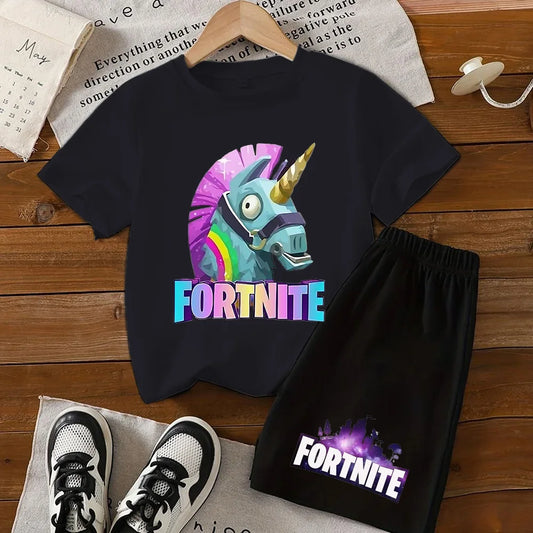 2026 New Fortnite Kids Pure Cotton Short-Sleeved Set with Cartoon Print Boys' Sport Shirt Casual Top Summer T-Shirt 2 Pieces