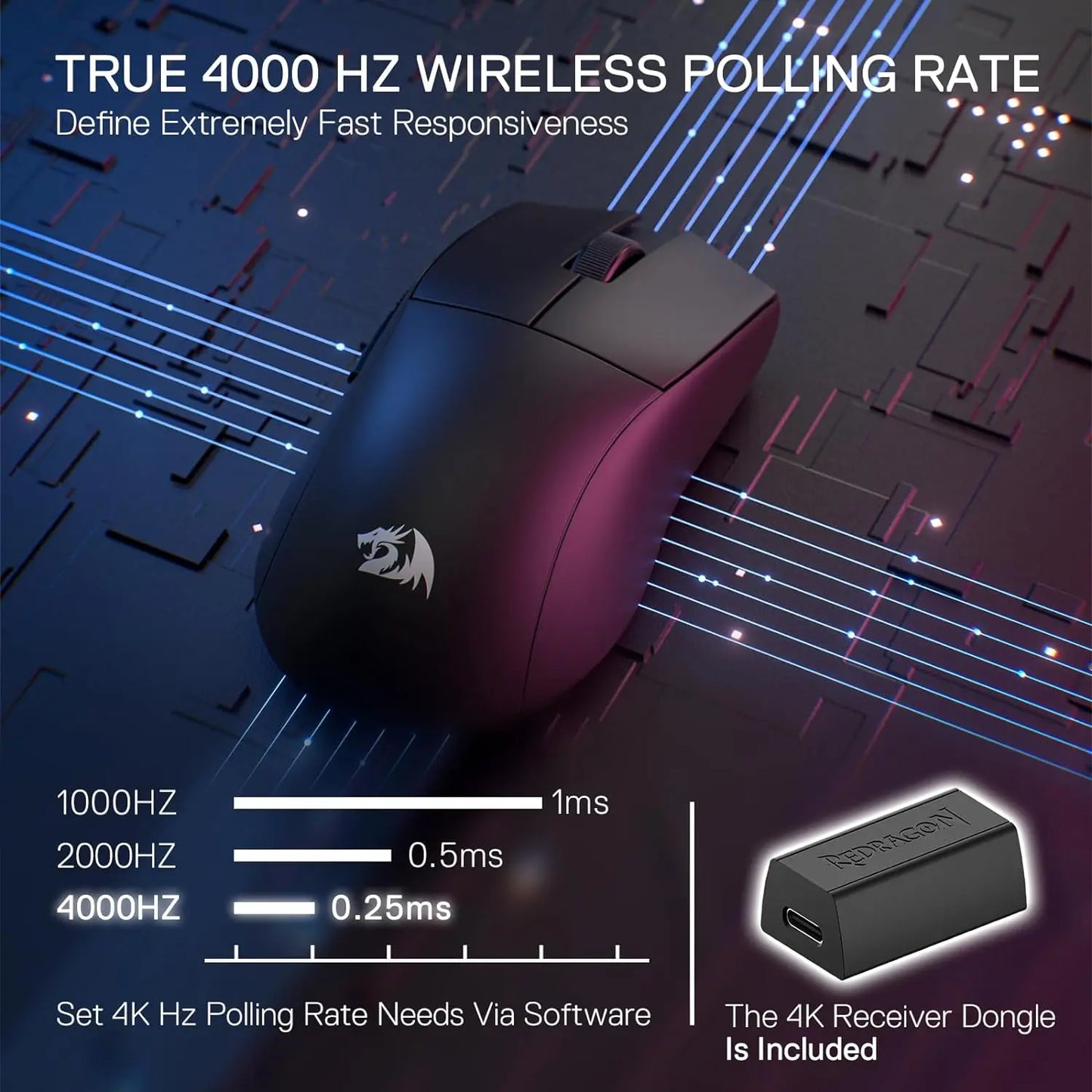 Redragon M916 PRO 3-läges trådlös gamingmus, Hype-Speed 4K polling rate, 49G ultralätt 26K DPI gamermus