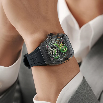 BONEST GATTI Men's Mechanical Watch Sapphire Crystal Double-Sided Hollow Out Luminous 30M Waterproof Snake Pattern Dial Wristwatch