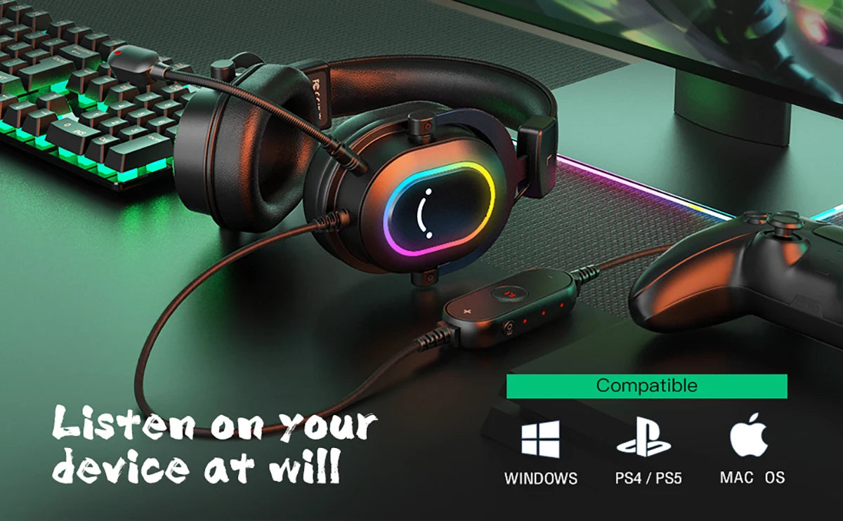Fifine Dynamisches RGB-Gaming-Headset mit Mikrofon Over-Ear-Kopfhörer 7.1 Surround Sound PC PS4 PS5 3 EQ-Optionen Game Movie Music – H6
