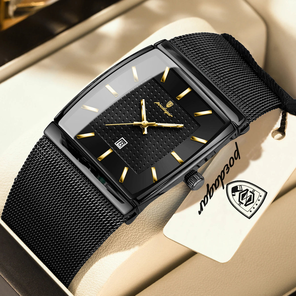 POEDAGAR Men’s Luxury Rectangle Quartz Watch Stainless Steel Mesh Strap, Luminous Dial & Date