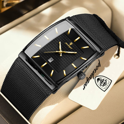 POEDAGAR Men’s Luxury Rectangle Quartz Watch Stainless Steel Mesh Strap, Luminous Dial & Date