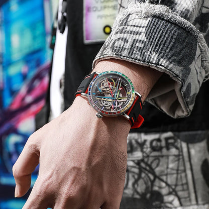 Skelethorloge voor heren, modieuze stijl, versierd met edelstenen in de kleuren van de regenboog, voorzien van een tourbillon; luxe mechanisch automatisch horloge, waterdicht tot 30 meter.