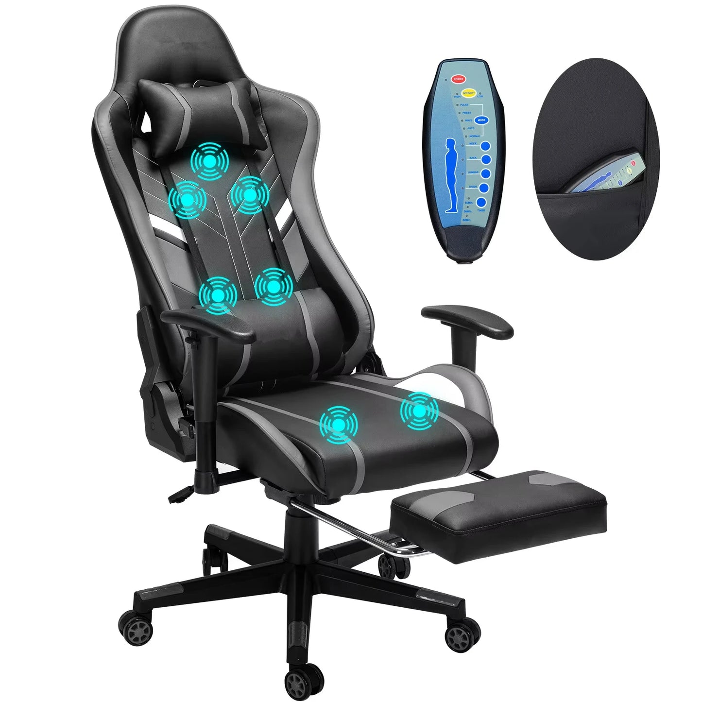 Massage Gaming Chair Ergonomic Office Chair with Footrest, 7-Point Massage Gaming Chair with Lumbar Support, Reclining Gamer Seat GC-RC03