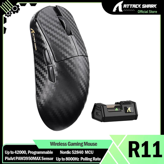 ATTACK SHARK R11 ULTRA 49g Carbonfaser 8000Hz kabellose Gaming-Maus, 42000 DPI, 20000 FPS, PAW3950MAX, Nordic 52840 Chip