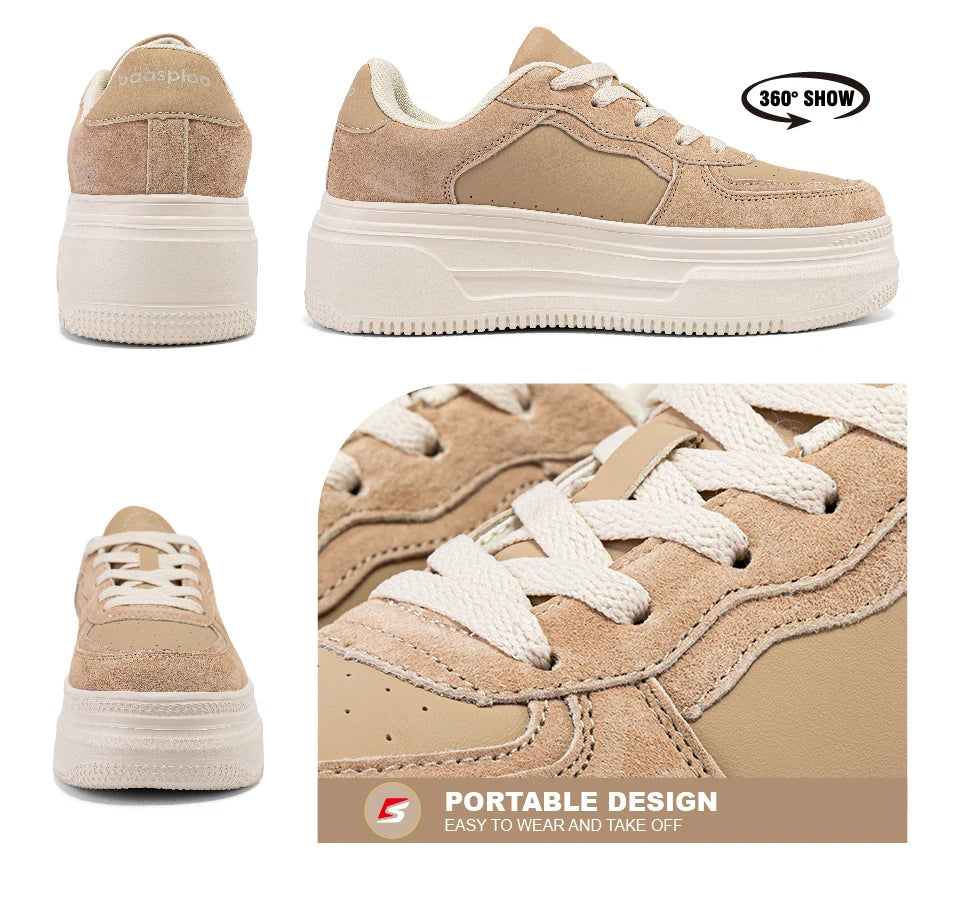 Baasploa Women’s Platform Sneakers Fashion Leather Casual Thick-Soled Shoes for Women Comfort White Skateboarding Shoes Non-Slip