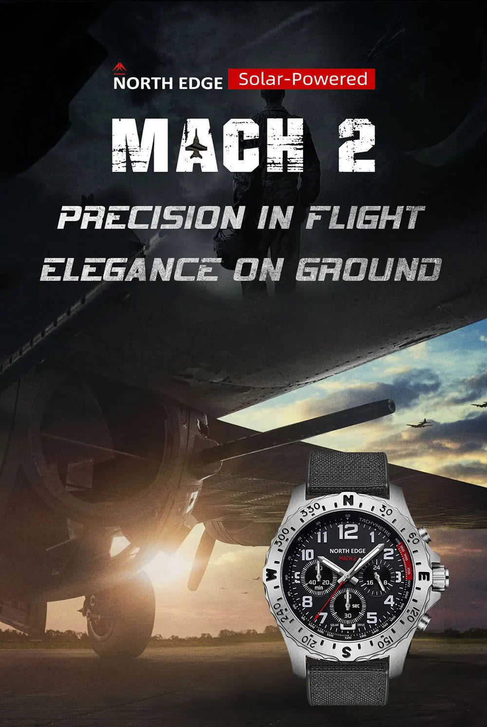 NORTH EDGE Men's Watches Solar Power 316 Stainless Steel Case Quartz Watch for Men Pilot Waterproof 50M Stopwatch