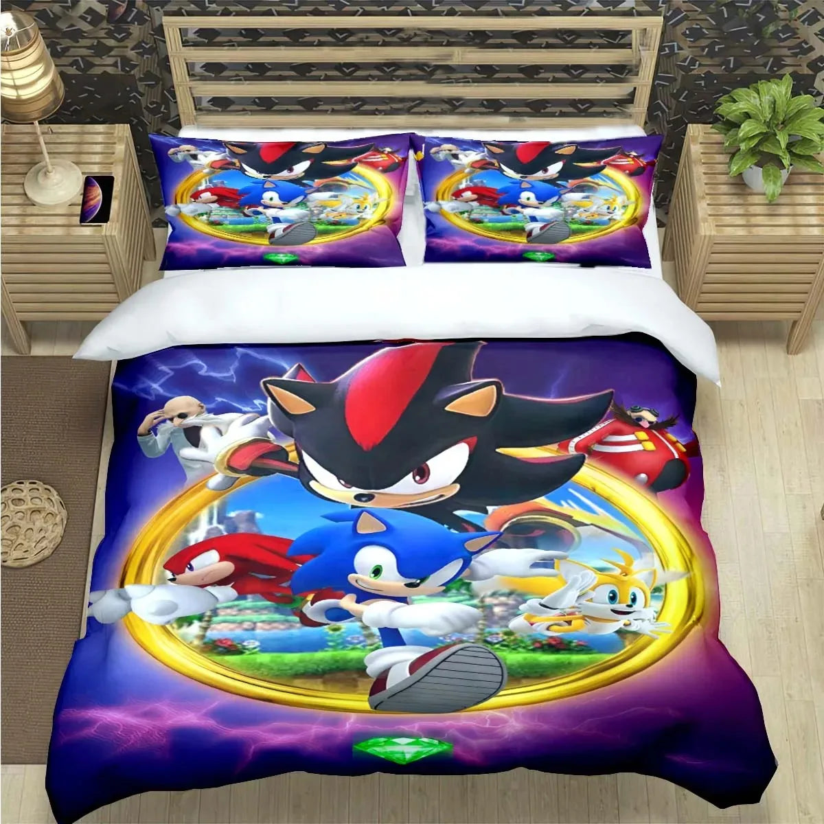 Mados animacinių filmų personažų motyvais dekoruotas patalynės komplektas „Sonic“ antklodės užvalkalas, antklodė, lovos užklotas, skirtas paaugliams, vaikams, mergaitėms ir berniukams – prabangus gimtadienio dovana