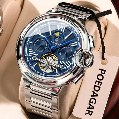 POEDAGAR herenhorloge, luxe en professionele stijl, met datum- en dagweergave, tourbillon, roestvrijstalen kast, automatisch mechanisch uurwerk en waterdicht.