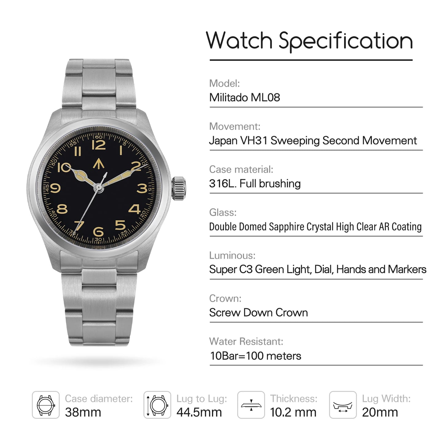 Relógio de Quartzo Vintage Militar Militado ML08 V2 com Movimento VH31, Vidro Duplo de Safira, Luminescência C3 BGW-9, Impermeável, 38mm