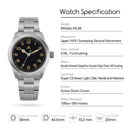 Relógio de Quartzo Vintage Militar Militado ML08 V2 com Movimento VH31, Vidro Duplo de Safira, Luminescência C3 BGW-9, Impermeável, 38mm