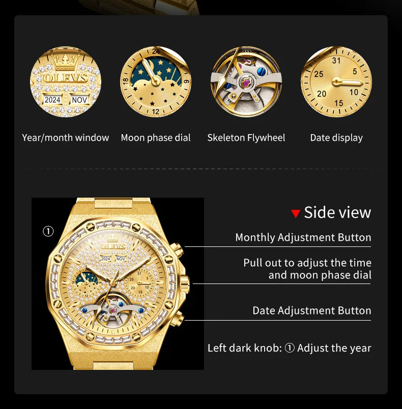 Ceasuri pentru bărbați OLEVS din oțel auriu, ceasuri de lux mecanice automate, ceasuri de mână sport, rezistente la apă, cu tourbillon, Reloj Hombre