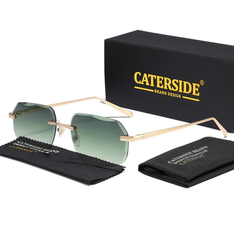 CATERSIDE Fashion Frameless Men's Sunglasses with Design Sense Lenses Metal Temple Sunglasses Women's Party Travel Sunglasses