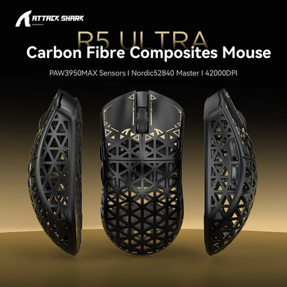 Mouse de gaming wireless ATTACK SHARK R5 Ultra Carbon Fiber, senzor de gaming PixArt PAW3950MAX, 42000DPI, 8000Hz, MCU Nordic 52840