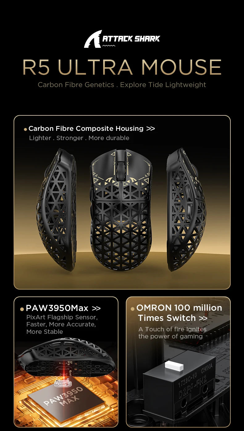 ATTACK SHARK R5 ULTRA Wireless Gaming Mouse - 8K Polling,PAW3950MAX Sensor,42,000 DPI,Carbon Fiber Ultra-Light for Pro Esport