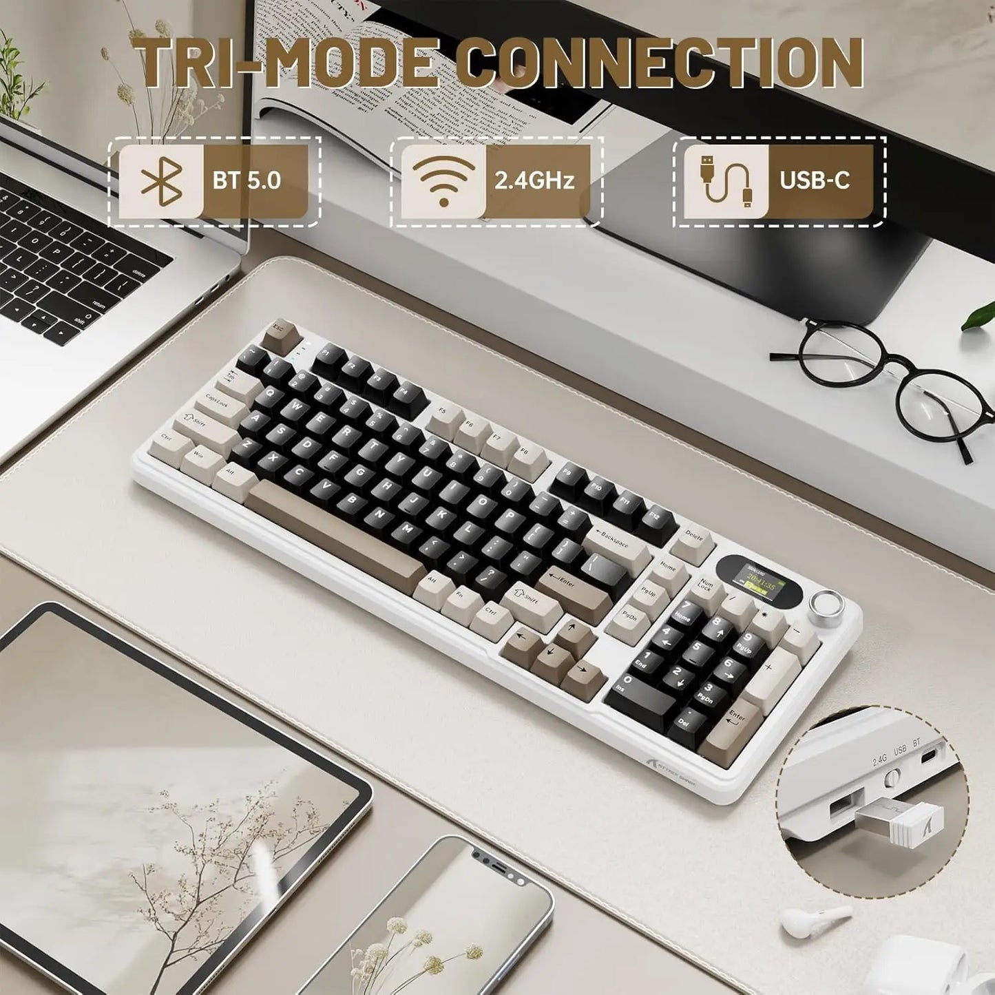 ATTACK SHARK X98Pro Wireless Mechanical Keyboard with Screen & Knob, Tri-mode Gasket Hot Swappable RGB  Keyboard, Web Driver