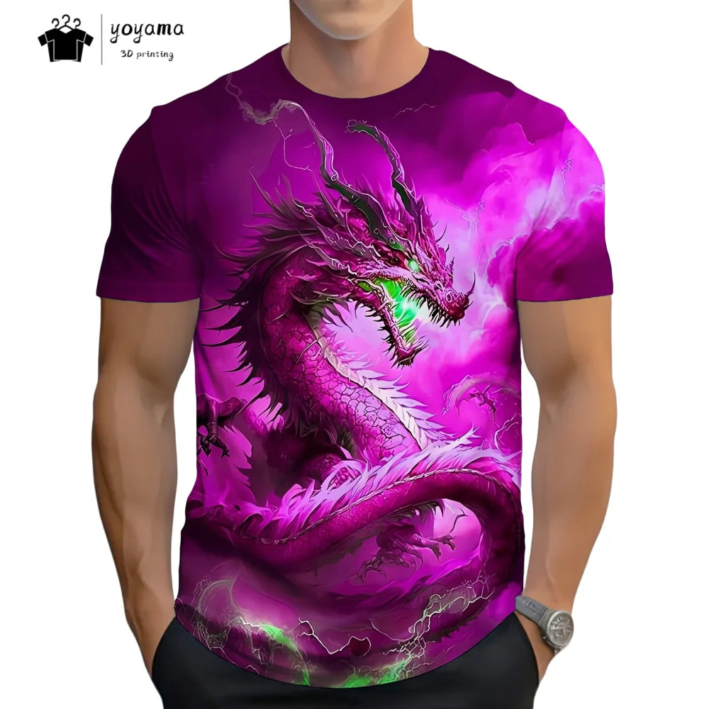 T-shirts de homem com padrão de dragão, manga curta, gola redonda, estilo streetwear, estampado animal 3D, corte largo e versátil, roupa de homem