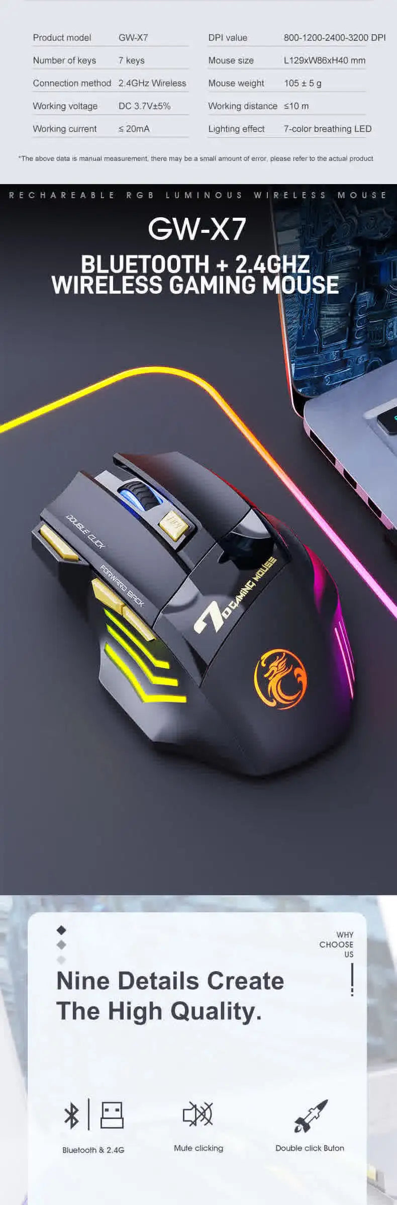 Brezžična miška Bluetooth, polnilna računalniška miška za gamerje, ergonomska gaming miška z RGB osvetlitvijo in tihim delovanjem za PC