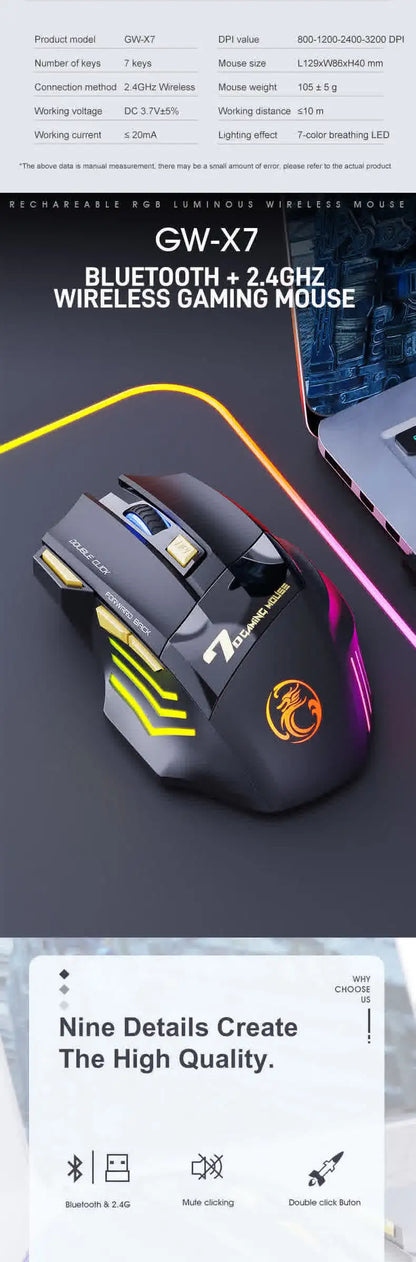 Brezžična miška Bluetooth, polnilna računalniška miška za gamerje, ergonomska gaming miška z RGB osvetlitvijo in tihim delovanjem za PC