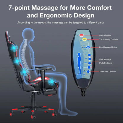 Massage Gaming Chair Ergonomic Office Chair with Footrest, 7-Point Massage Gaming Chair with Lumbar Support, Reclining Gamer Seat GC-RC03