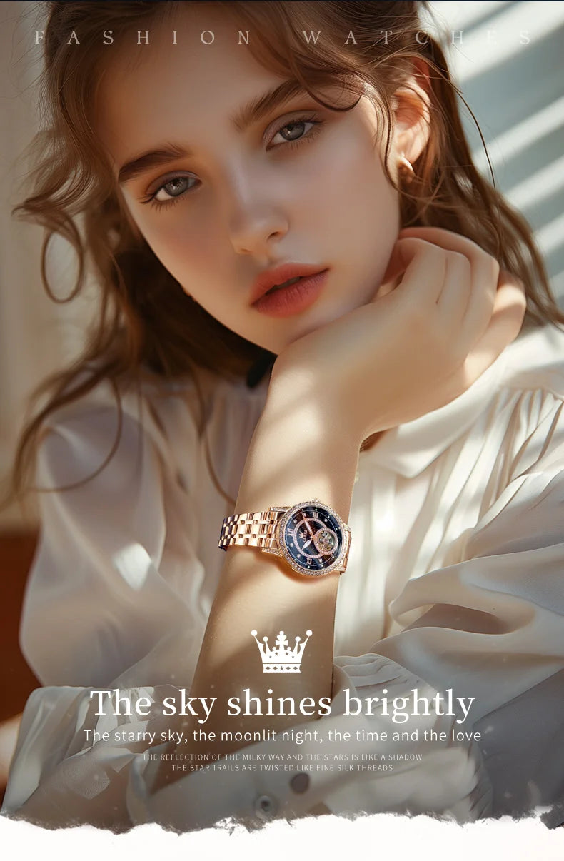 OLEVS Women’s Luxury Automatic Skeleton Watch  Starry Sky Stainless Steel Mechanical Wristwatch