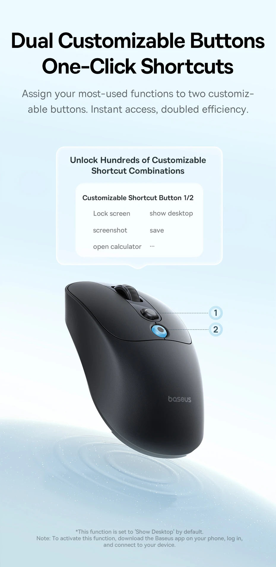 【NAUJIENA】Baseus EM2 ergonominė belaidė pelė, Bluetooth 5.3, 2.4G, Type-C įkrovimas, itin lengva tyli pelė su pritaikomu mygtuku