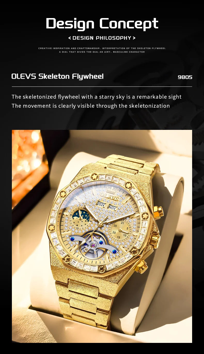 Ceasuri pentru bărbați OLEVS din oțel auriu, ceasuri de lux mecanice automate, ceasuri de mână sport, rezistente la apă, cu tourbillon, Reloj Hombre