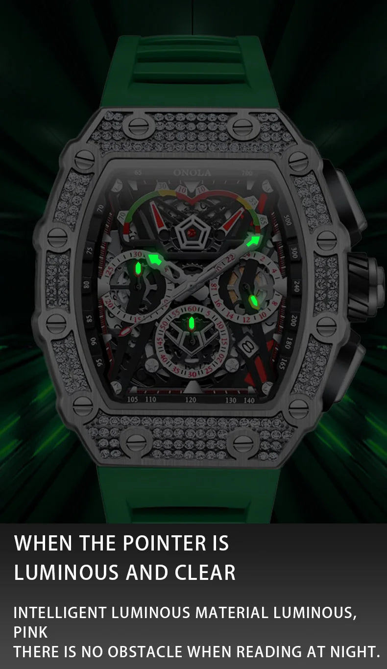 ONOLA Luxury Diamond Mechanical Wristwatches Fashion Sports Square Date Waterproof Automatic Man Watch Men Military Watch Clock