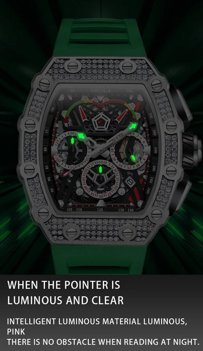 ONOLA Luxury Diamond Mechanical Wristwatches Fashion Sports Square Date Waterproof Automatic Man Watch Men Military Watch Clock
