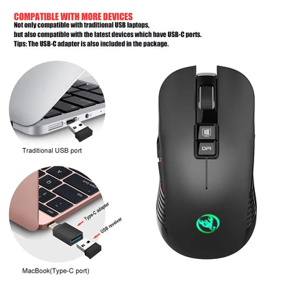 Mouse wireless USB reîncărcabil pentru mâna dreaptă, mouse Type-C pentru laptop și computer, clic silențios, iluminare de fundal, mouse gaming 3600cpi