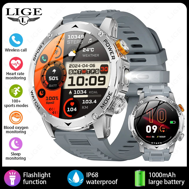 LIGE New Smart Watch Men 1000mAh Large Capacity Battery Outdoor Flashlight Bluetooth Call Waterproof Sport Fitness Smartwatch