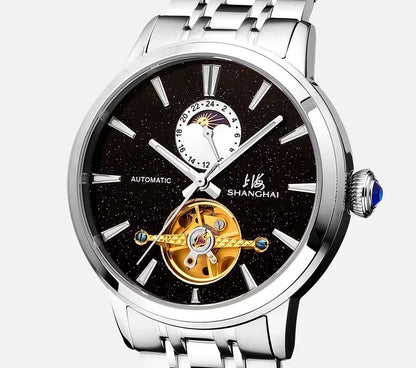 Ceasuri pentru bărbați Shanghai Watch Flywheel cu calendar, cadran Starlight, ceas de mână mecanic automat, oțel inoxidabil 316L, model S8609