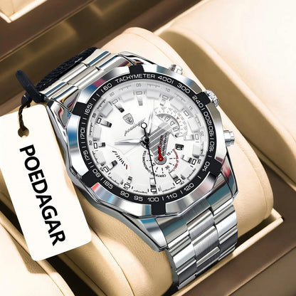 POEDAGAR luxe herenhorloge, waterdicht, verlicht, datum, sportief, roestvrijstalen band, quartz uurwerk.