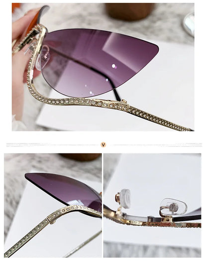 Sexy Cat Eye Rimless Sunglasses Women 2026 Luxury Brand Trendy Rhinestone Sun Glasses Punk Metal Frame Eyewear Outdoor Shades