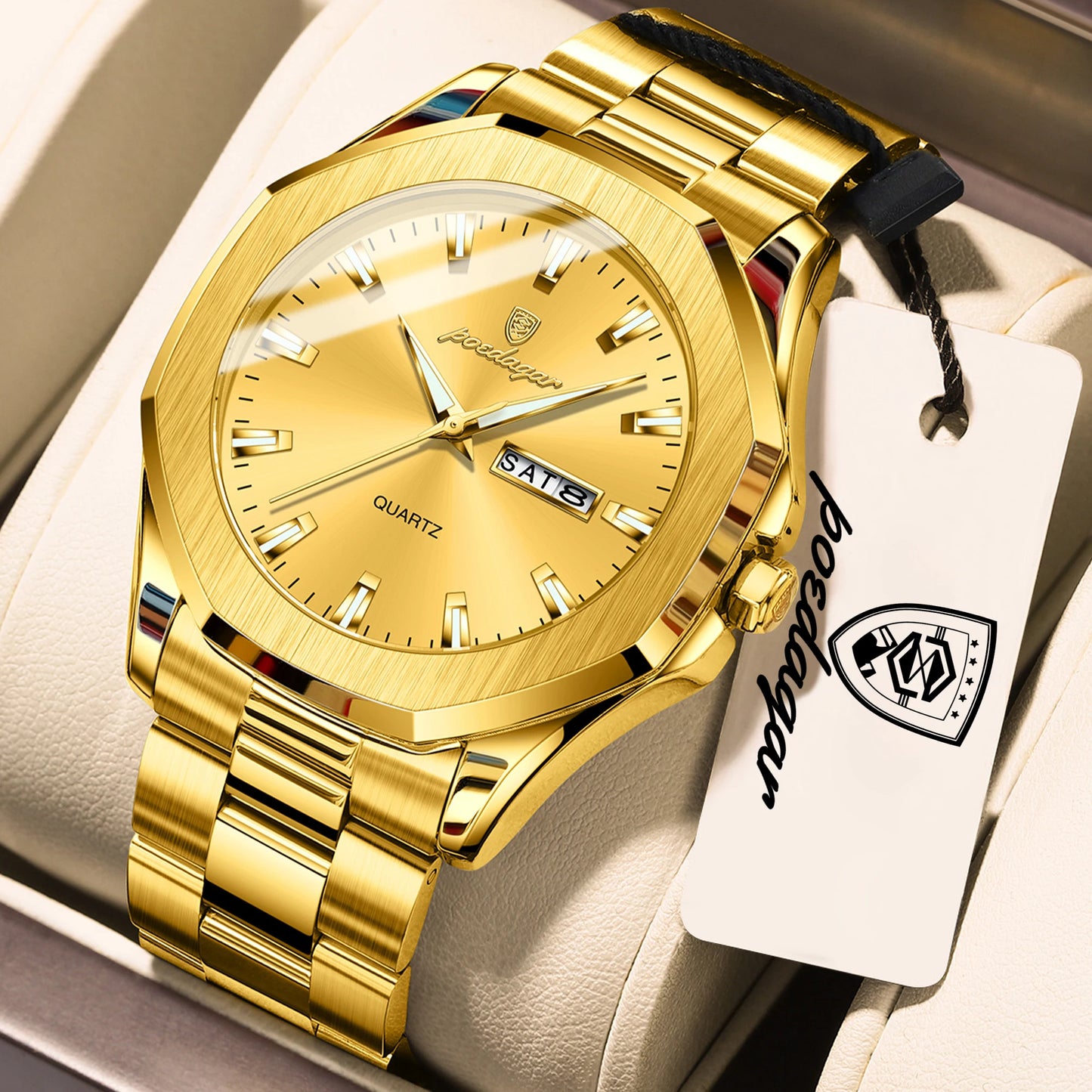 POEDAGAR Luxury Men Wristwatch Waterproof Luminous Week Date Casual Man Clock Stainless Steel Quartz Fashion Men's Watches Reloj