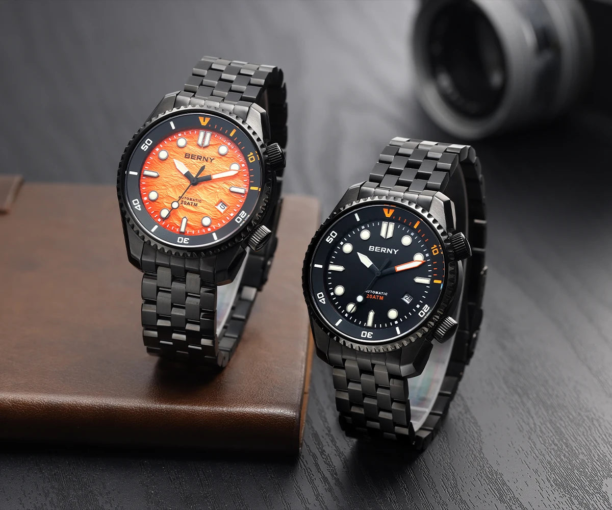 BERNY Automatic Diver Watch for Men Top Luxury Sapphire 316L Steel Blue Dial 200M Waterproof Mechanical Diving Men's Watches
