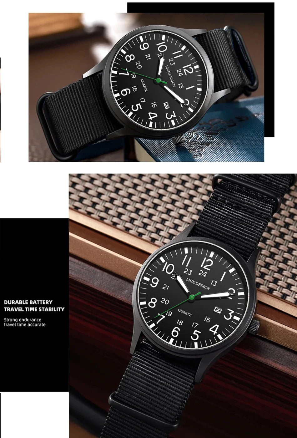 LIGE Lyxiga herrklockor med kvartsverk, datum, nylonarmband, läderarmband, vattentäta, självlysande, militär- och sportklockor för män relogios masculino