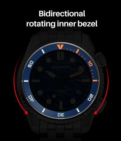BERNY Automatic Diver Watch for Men Top Luxury Sapphire 316L Steel Blue Dial 200M Waterproof Mechanical Diving Men's Watches