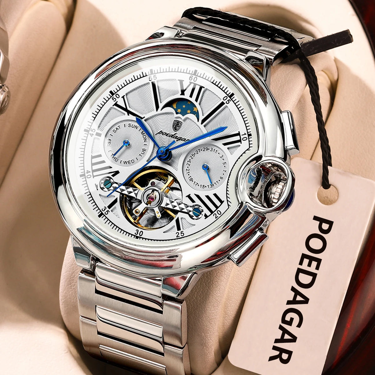POEDAGAR herenhorloge, luxe en professionele stijl, met datum- en dagweergave, tourbillon, roestvrijstalen kast, automatisch mechanisch uurwerk en waterdicht.