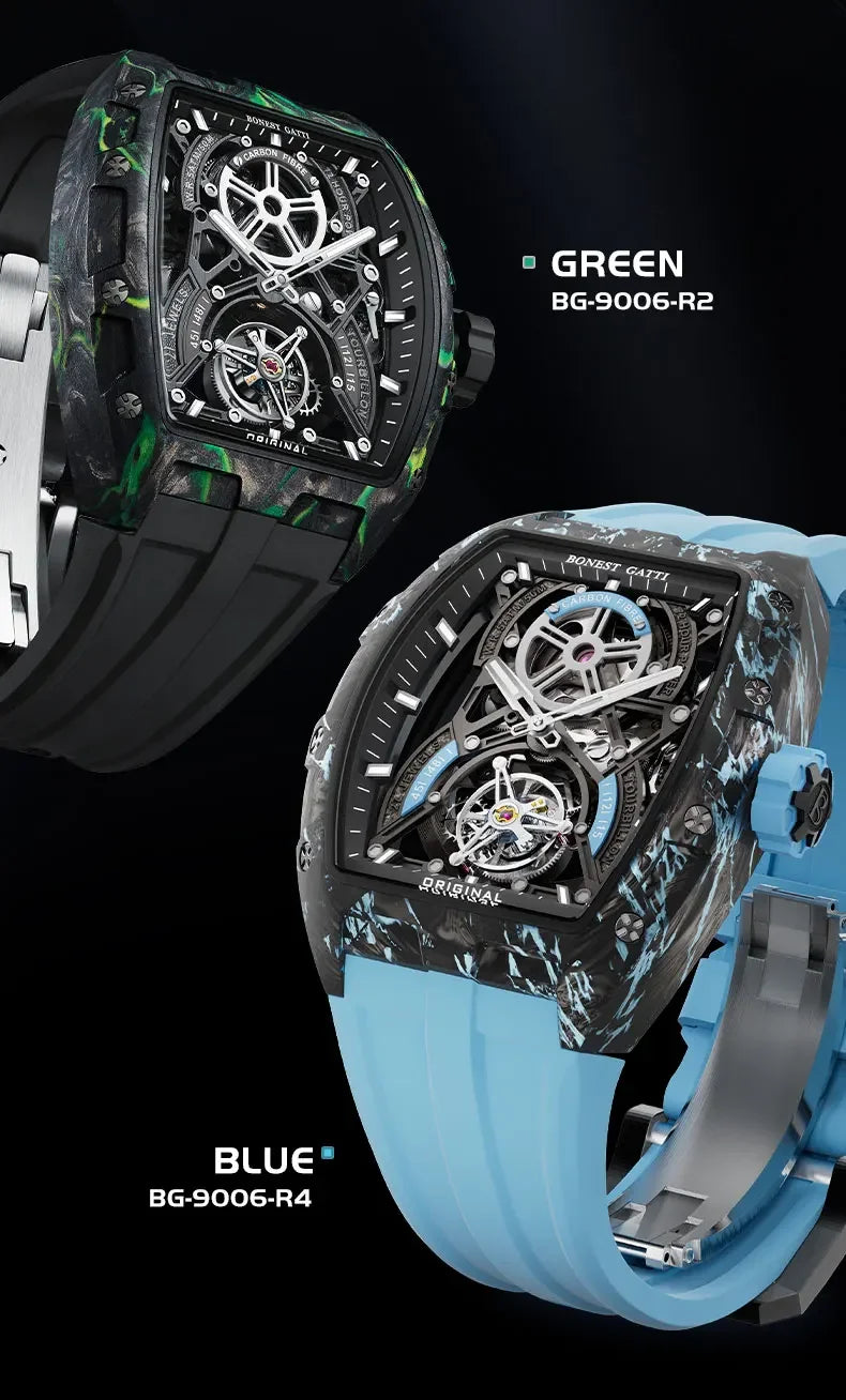 BONEST GATTI Men Automatic Mechanical Watch Skeleton Dial Sapphire Crystal Fluororubber Strap Waterproof Luminous Business watch