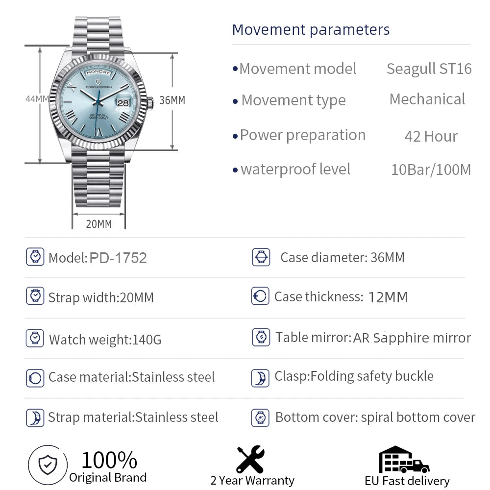 PAGANI DESIGN Men's Watches Green Luxury Automatic Watch For Men ST16 Mechanical Wristwatch Men For 2025 New Stainless Steel
